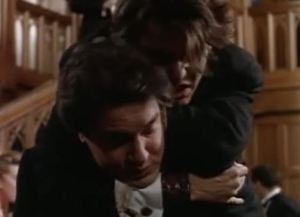 The extras in the background of this scene just walk around like nothing's happening.